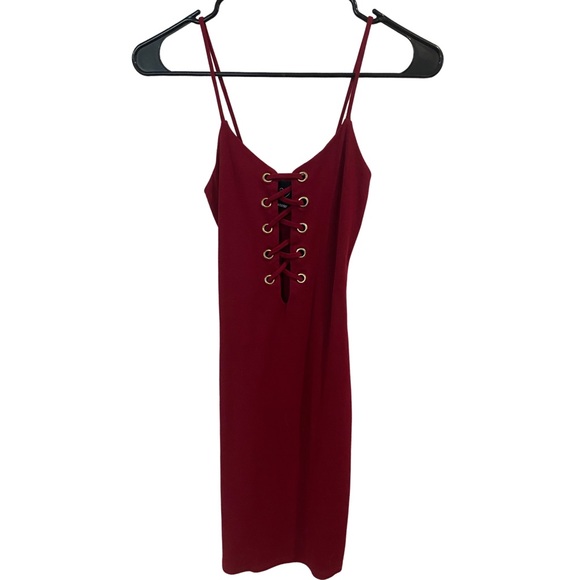 Burgundy Lace Up Mini Dress - Picture 1 of 3